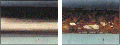 На левом рисунке изображено хромированное покрытие, на правом гораздо более гладное HVOF покрытие карбида вольфрама.